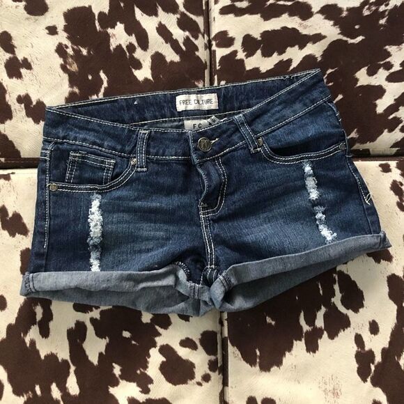 Free Culture Distressed Dark Blue Jean Shorts - Picture 1 of 4